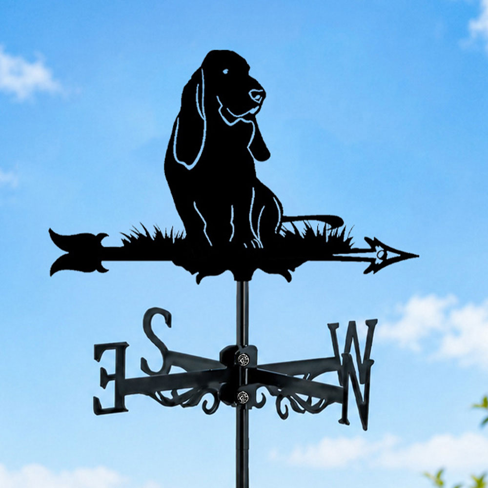 Basset Hound metal weather vane with directional arrows and mounting rod, outdoor roof and garden decoration
