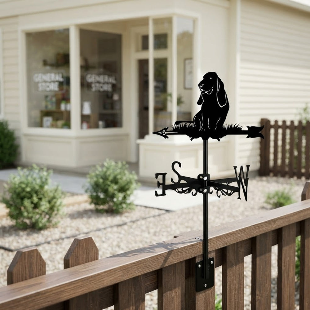 Basset Hound metal weather vane with directional arrows and mounting rod, outdoor roof and garden decoration
