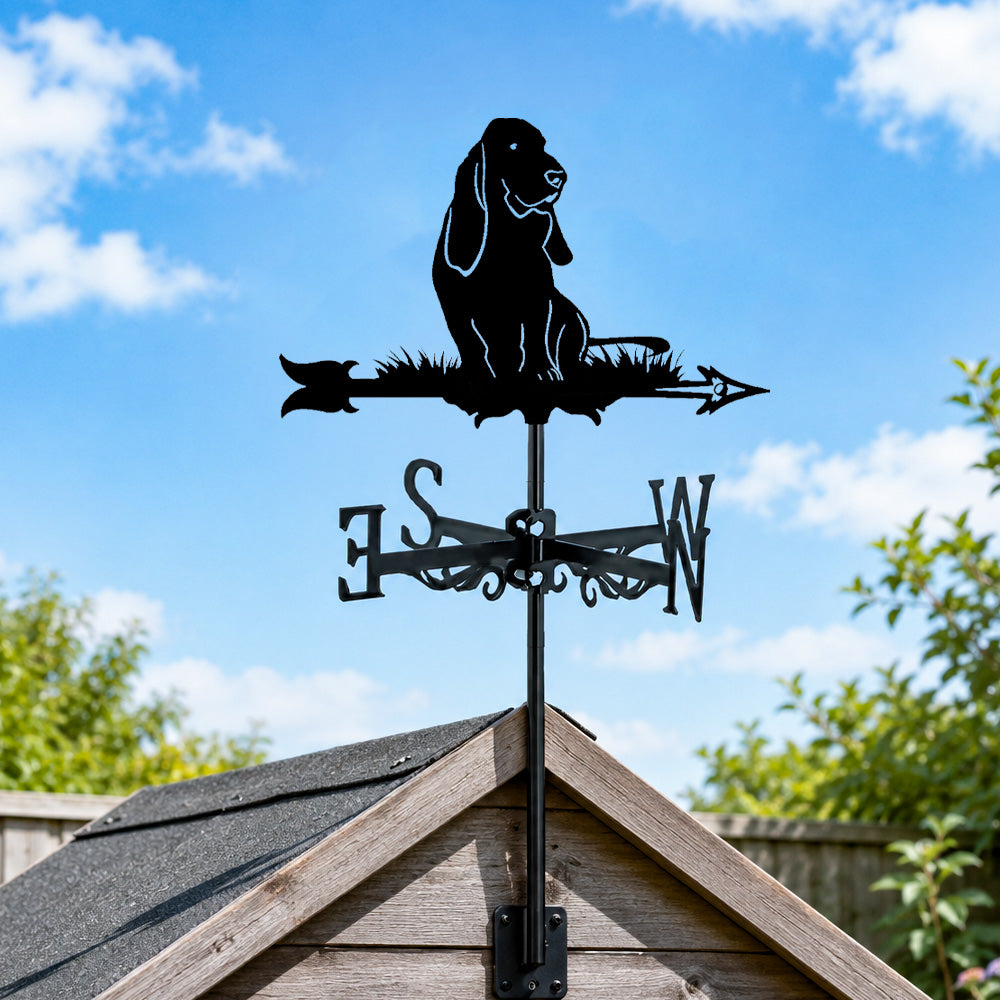 Basset Hound metal weather vane with directional arrows and mounting rod, outdoor roof and garden decoration