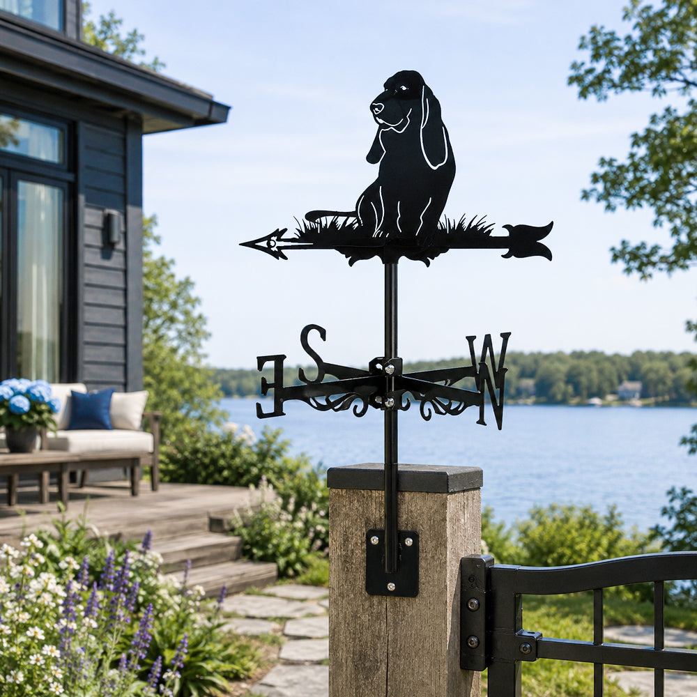Basset Hound metal weather vane with directional arrows and mounting rod, outdoor roof and garden decoration