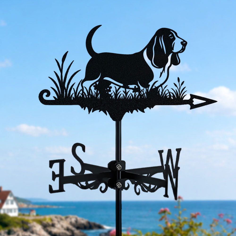 Basset Hound metal weather vane with directional arrows and mounting rod, outdoor roof and garden decoration