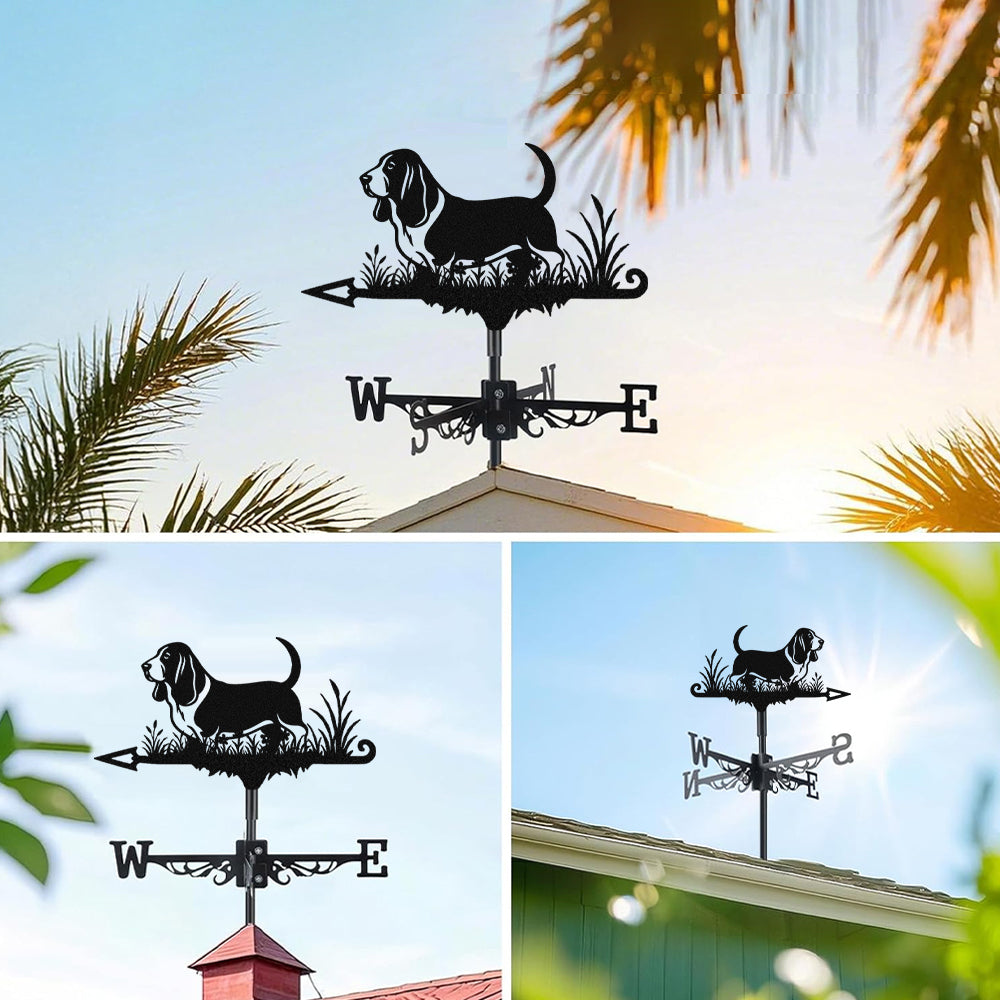 Basset Hound metal weather vane with directional arrows and mounting rod, outdoor roof and garden decoration