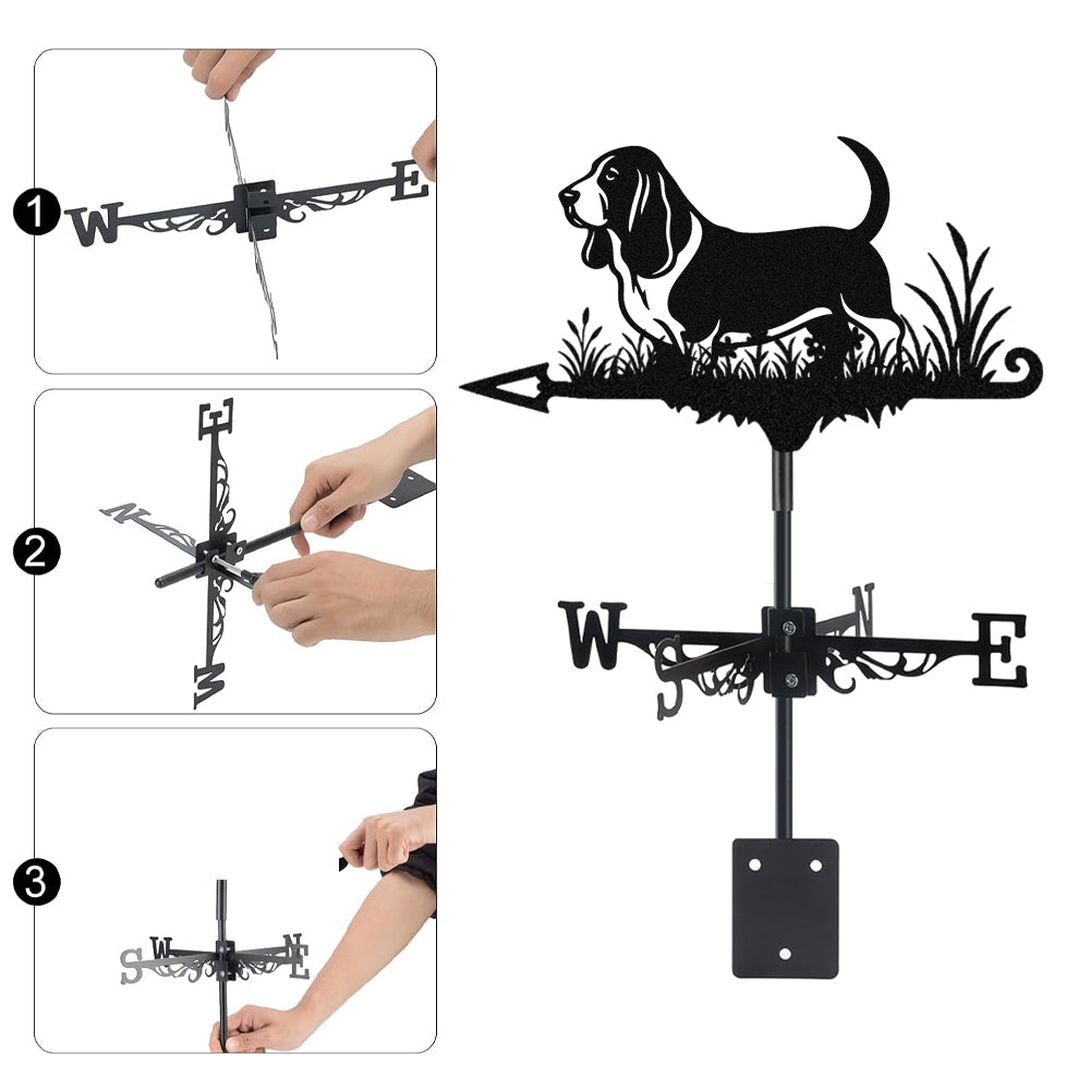 Basset Hound metal weather vane with directional arrows and mounting rod, outdoor roof and garden decoration