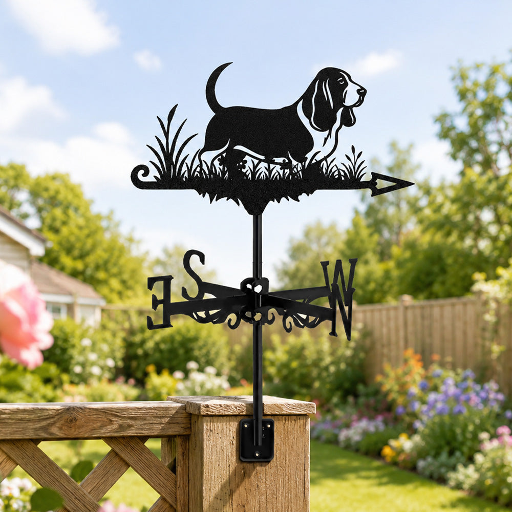 Basset Hound metal weather vane with directional arrows and mounting rod, outdoor roof and garden decoration