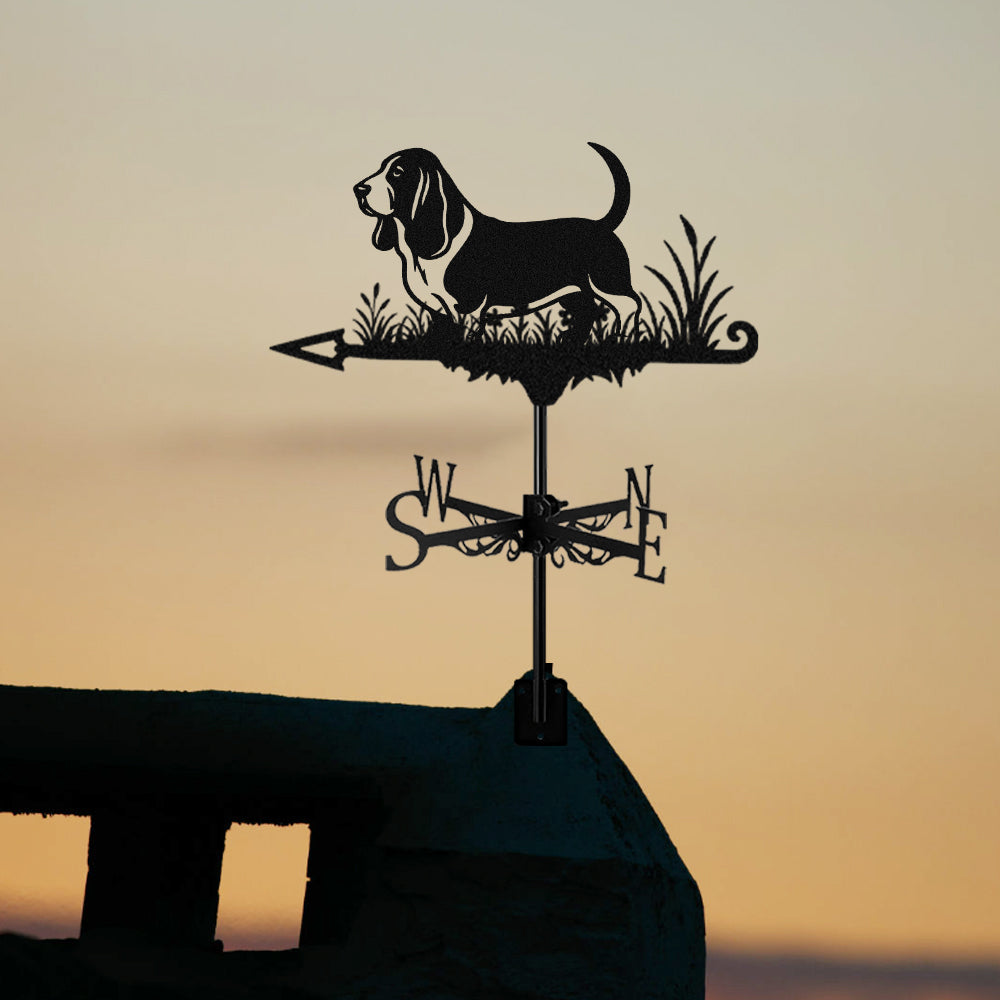Basset Hound metal weather vane with directional arrows and mounting rod, outdoor roof and garden decoration
