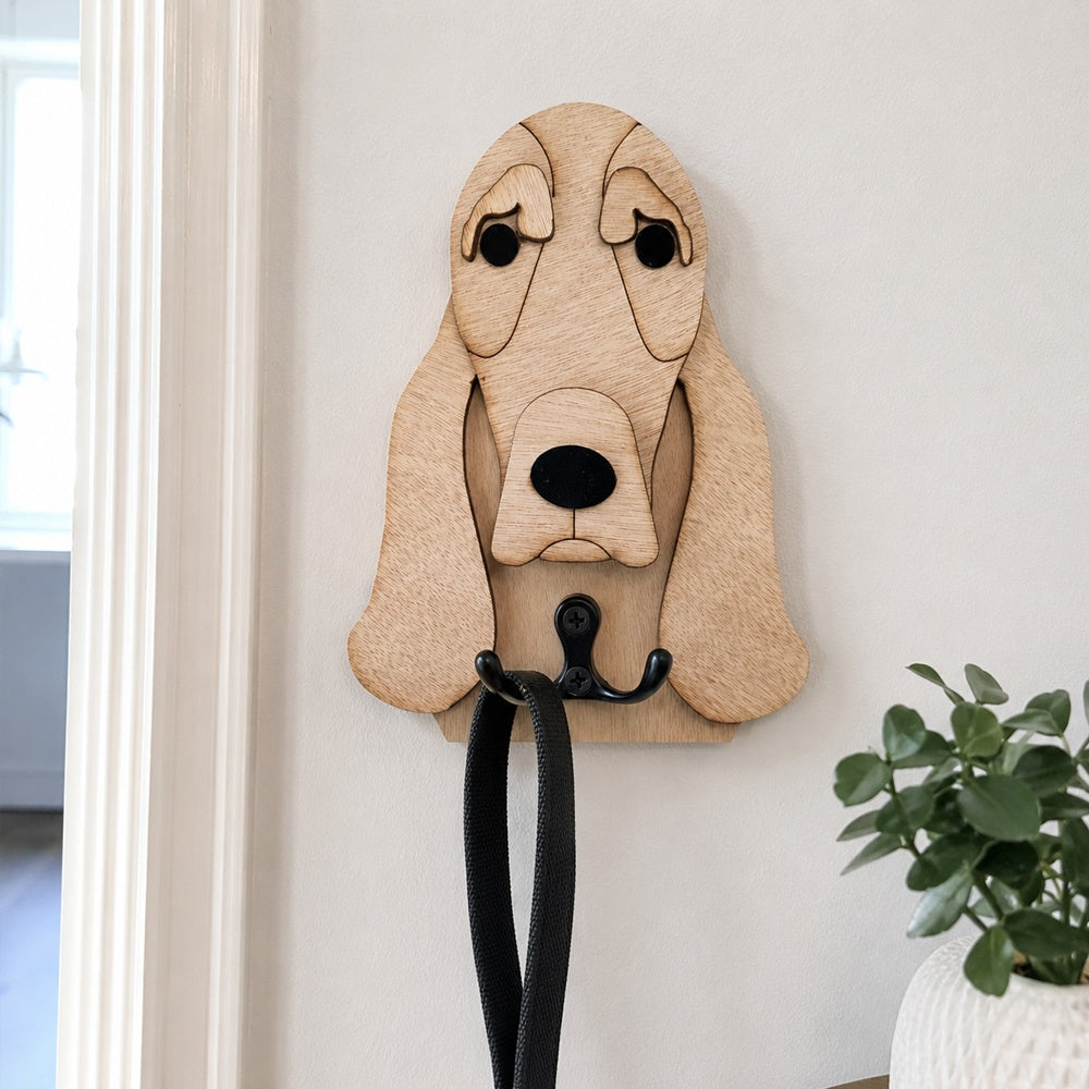 Wooden Basset Hound dog wall hook key and leash holder for home entryway organizer
