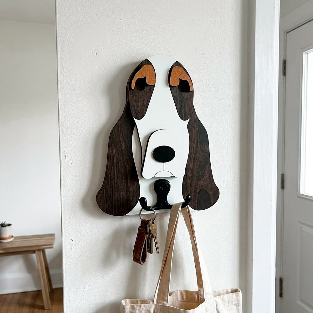 Wooden Basset Hound dog wall hook key and leash holder for home entryway organizer