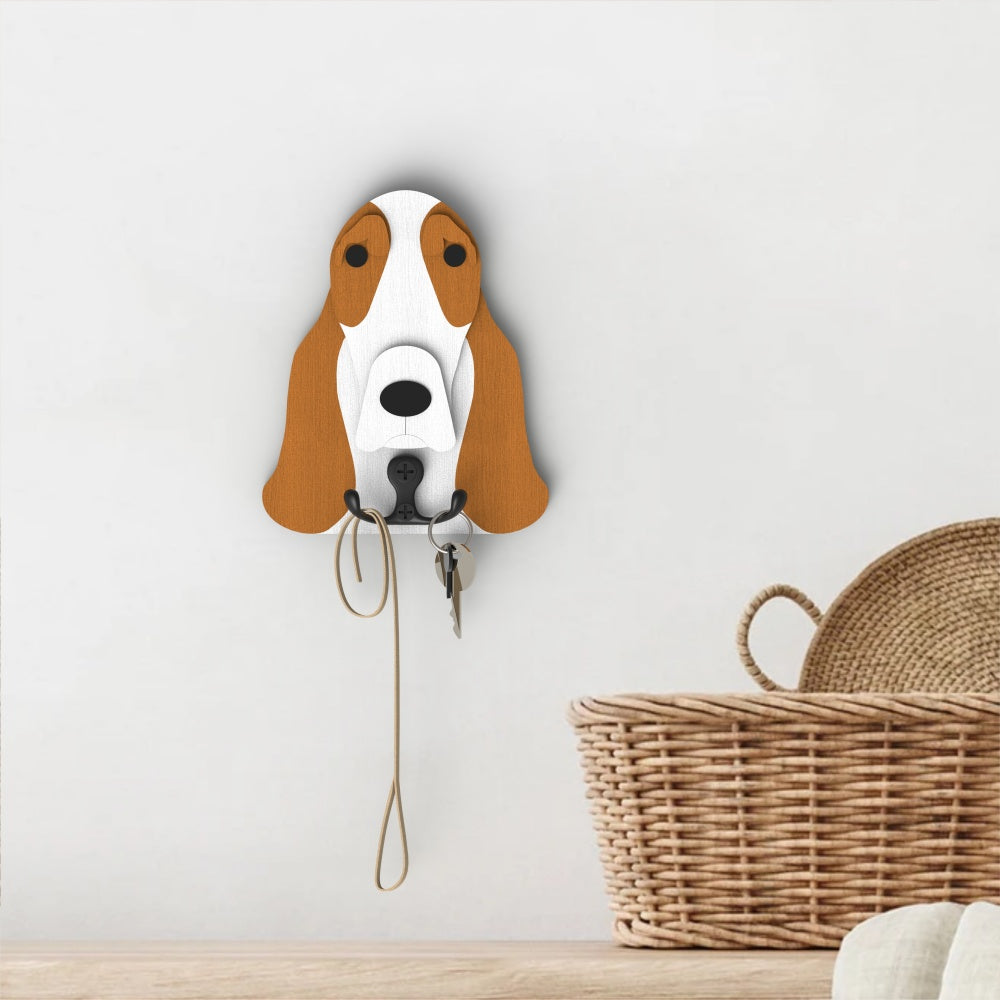Wooden Basset Hound dog wall hook key and leash holder for home entryway organizer