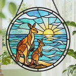 Beach sunrise kangaroo family stained glass suncatcher window hanging, suitable for home and garden decoration