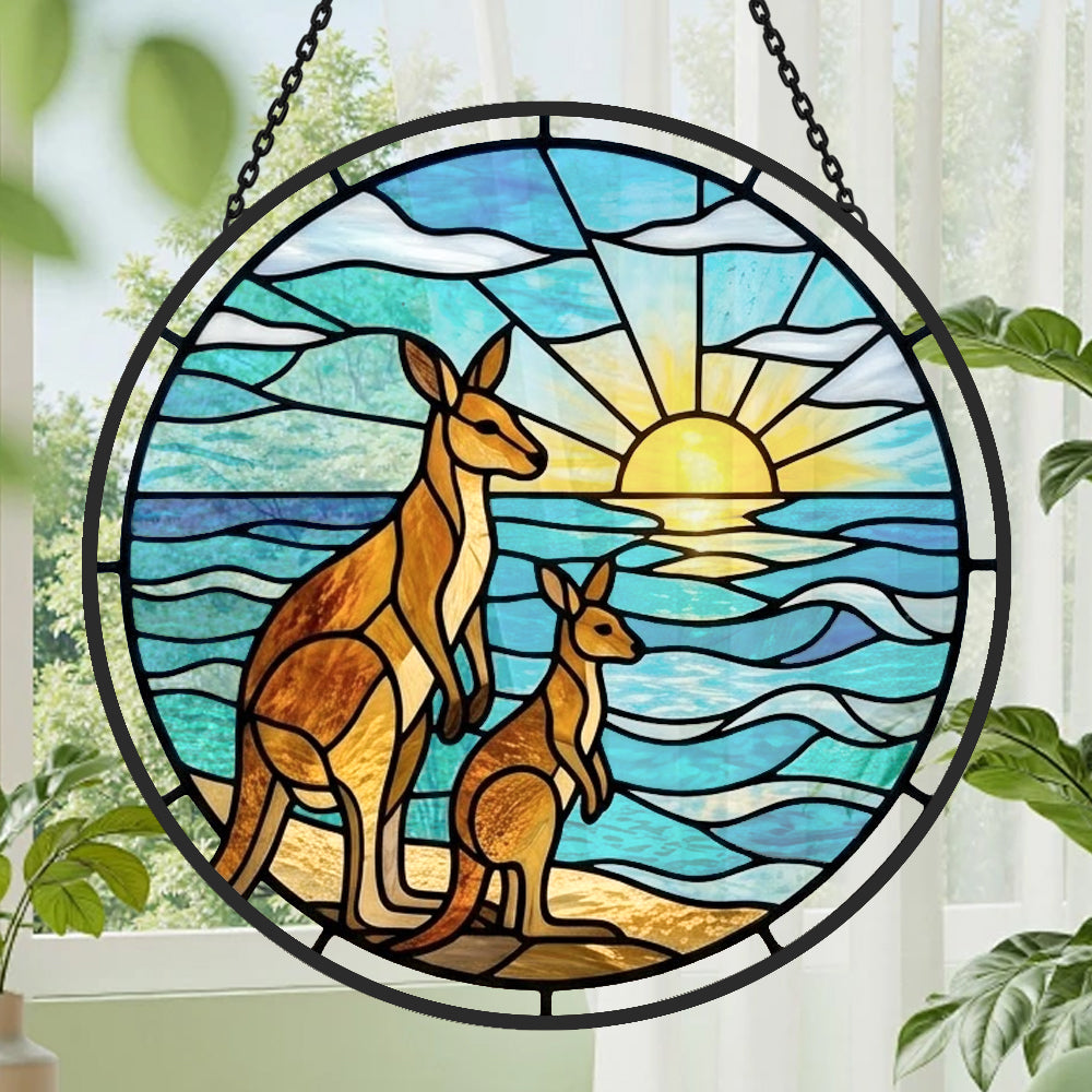 Beach sunrise kangaroo family stained glass suncatcher window hanging, suitable for home and garden decoration