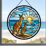 Beach sunrise kangaroo family stained glass suncatcher window hanging, suitable for home and garden decoration