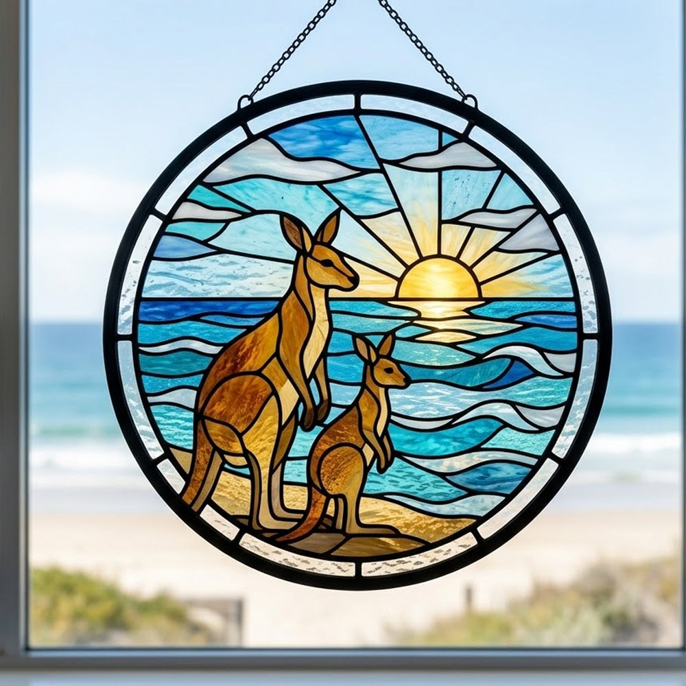 Beach sunrise kangaroo family stained glass suncatcher window hanging, suitable for home and garden decoration