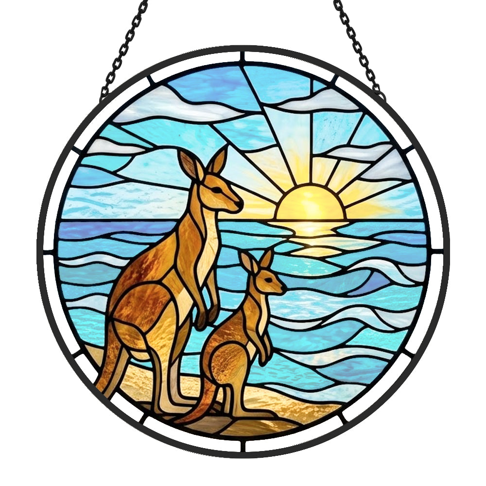 Beach sunrise kangaroo family stained glass suncatcher window hanging, suitable for home and garden decoration