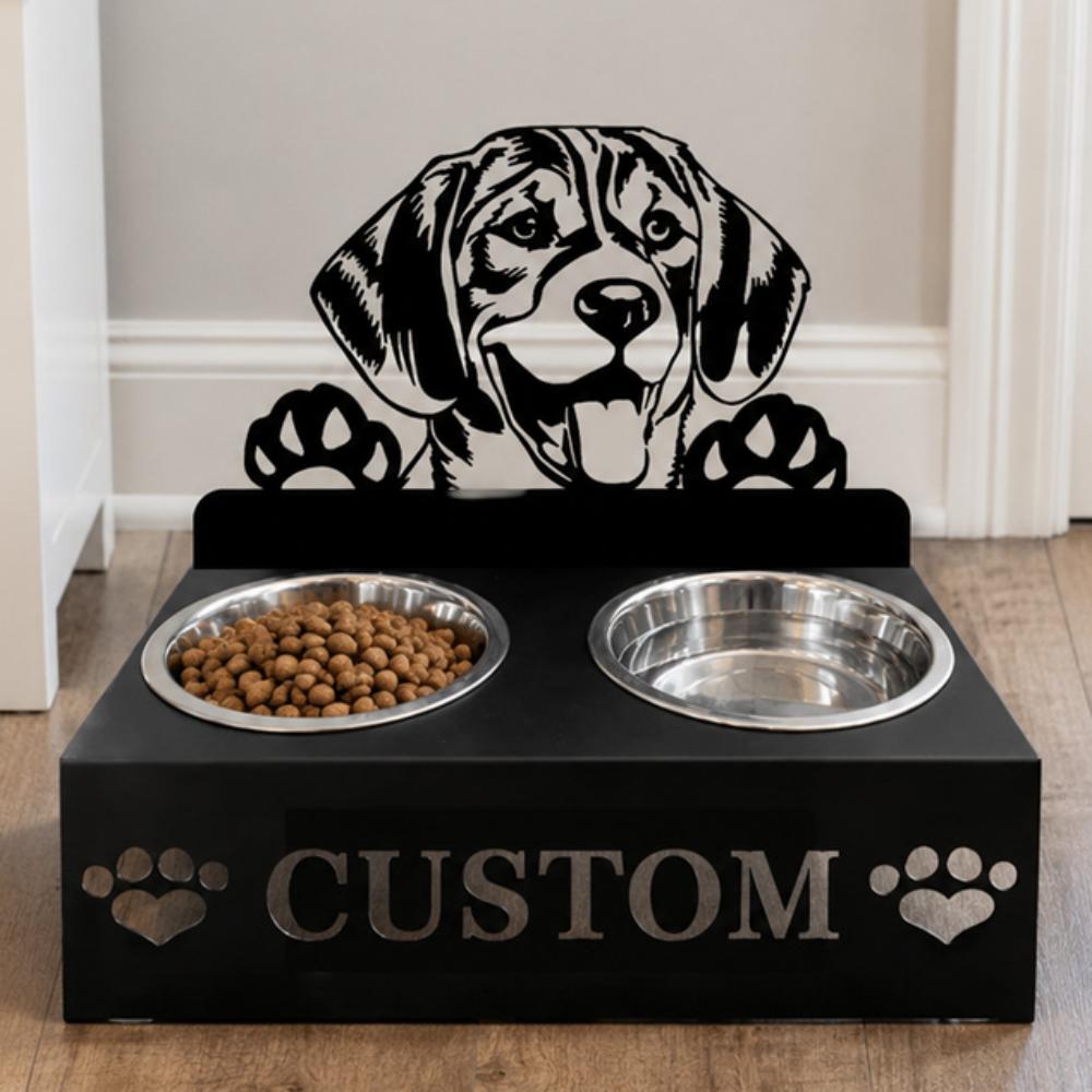 Personalized beagle metal dog bowl stand with custom name cutout and two removable feeding bowls