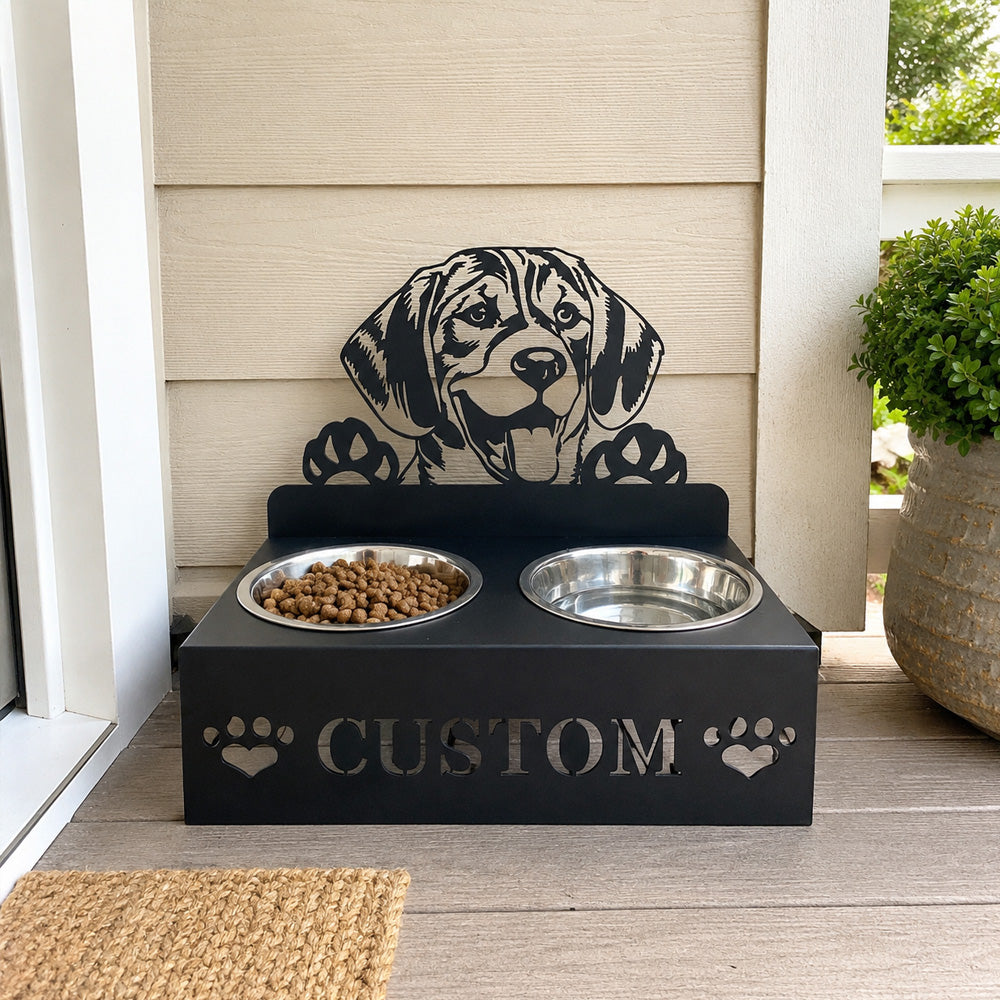 Personalized beagle metal dog bowl stand with custom name cutout and two removable feeding bowls