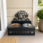 Personalized beagle metal dog bowl stand with custom name cutout and two removable feeding bowls