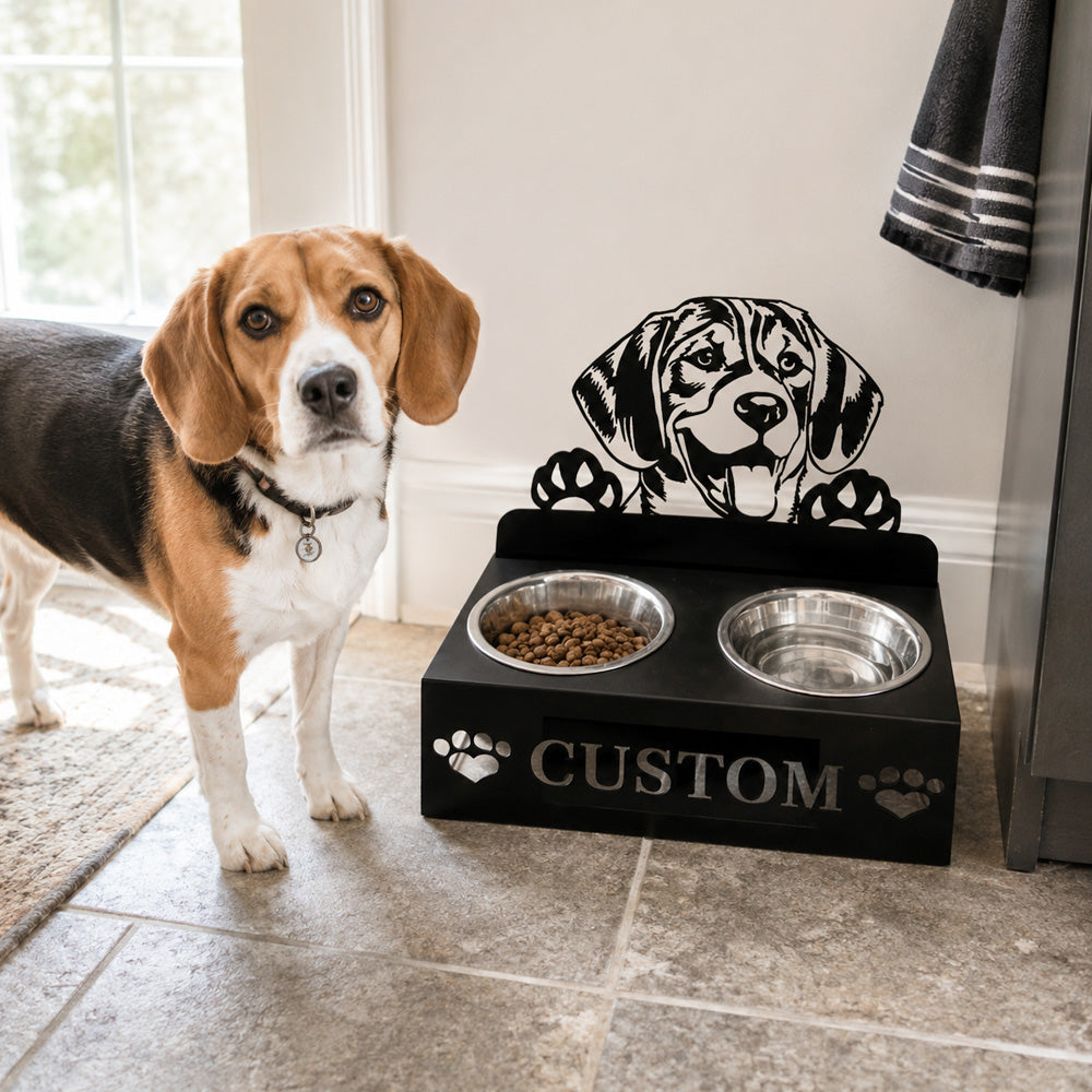 Personalized beagle metal dog bowl stand with custom name cutout and two removable feeding bowls