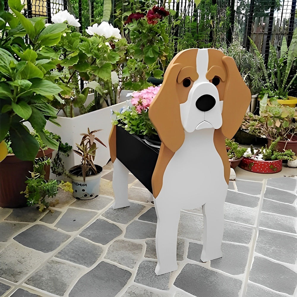 Beagle dog planter filled with fresh flowers is placed in the garden