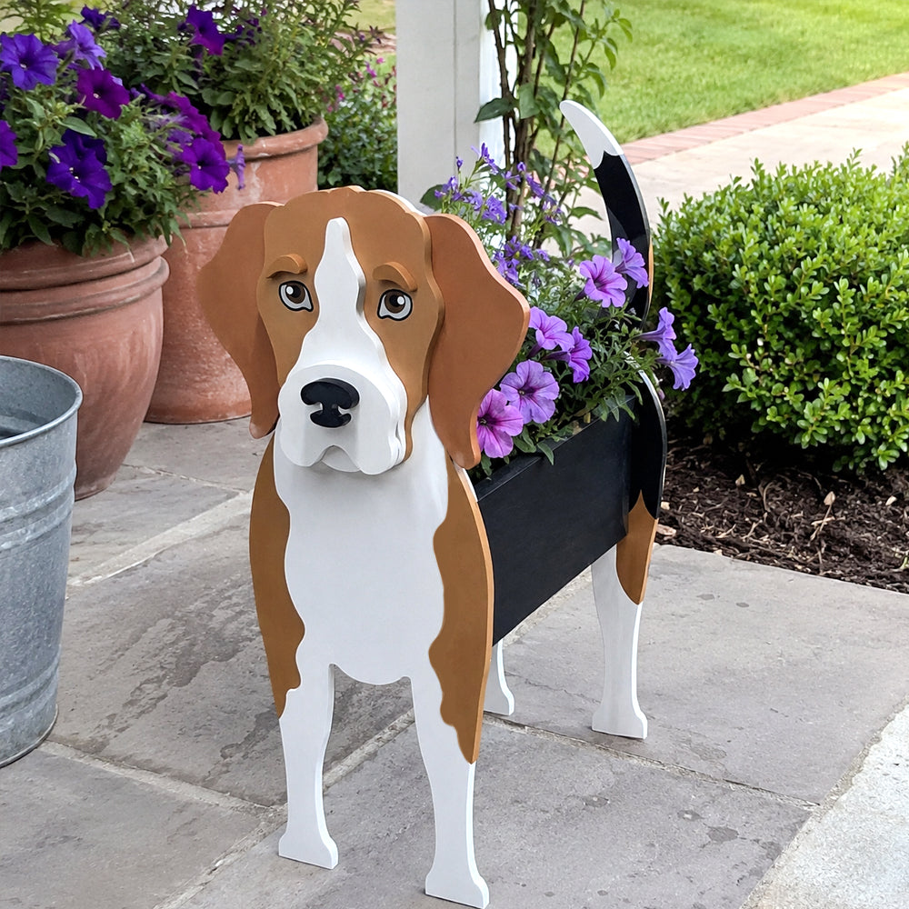Beagle dog planter filled with fresh flowers is placed in the garden