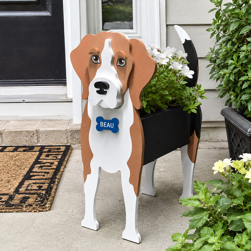 Beagle dog planter filled with fresh flowers is placed in the garden