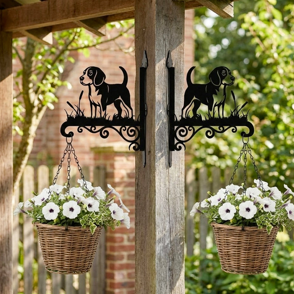 Beagle metal hanging basket bracket mounted on outdoor wall for plant decoration
