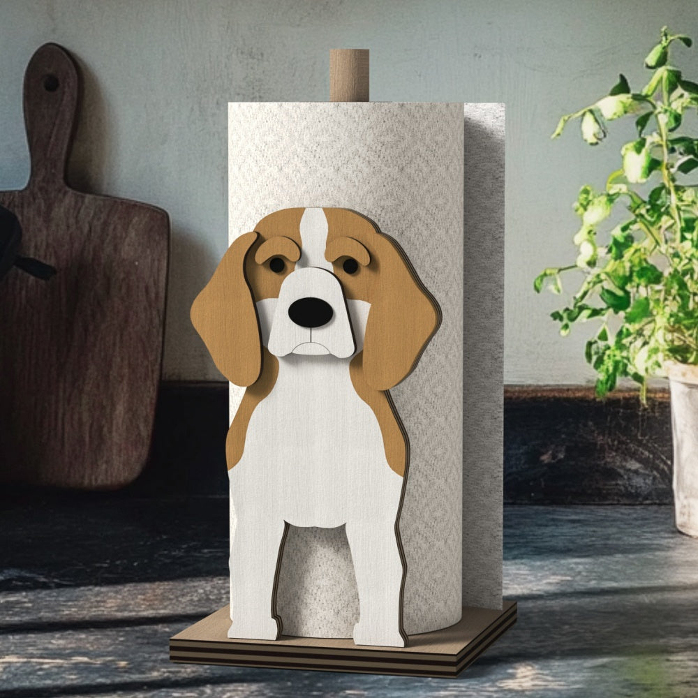 Beagle Wooden Dog Paper Towel Holder displayed on a kitchen countertop with a freestanding paper towel roll