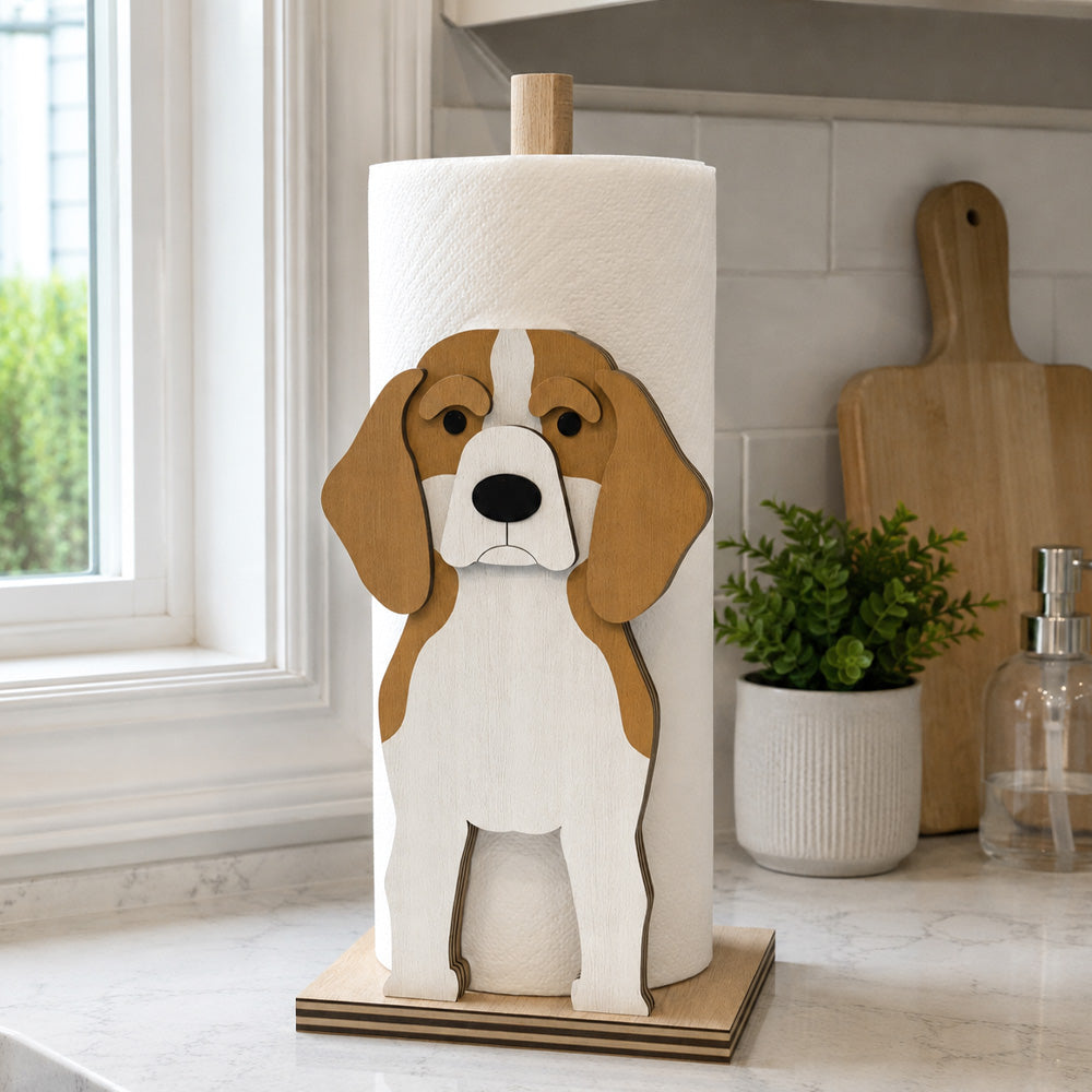 Beagle Wooden Dog Paper Towel Holder displayed on a kitchen countertop with a freestanding paper towel roll