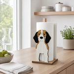 Beagle Wooden Dog Paper Towel Holder displayed on a kitchen countertop with a freestanding paper towel roll