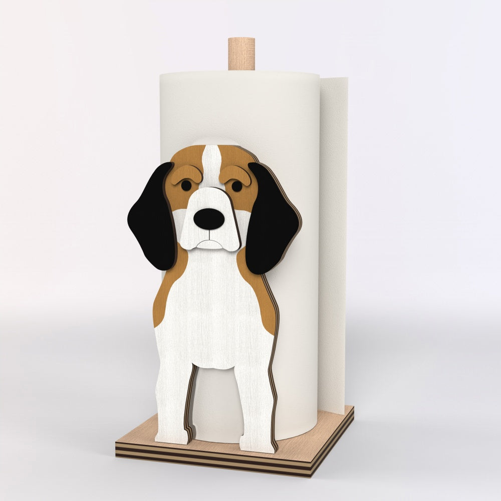 Beagle Wooden Dog Paper Towel Holder displayed on a kitchen countertop with a freestanding paper towel roll