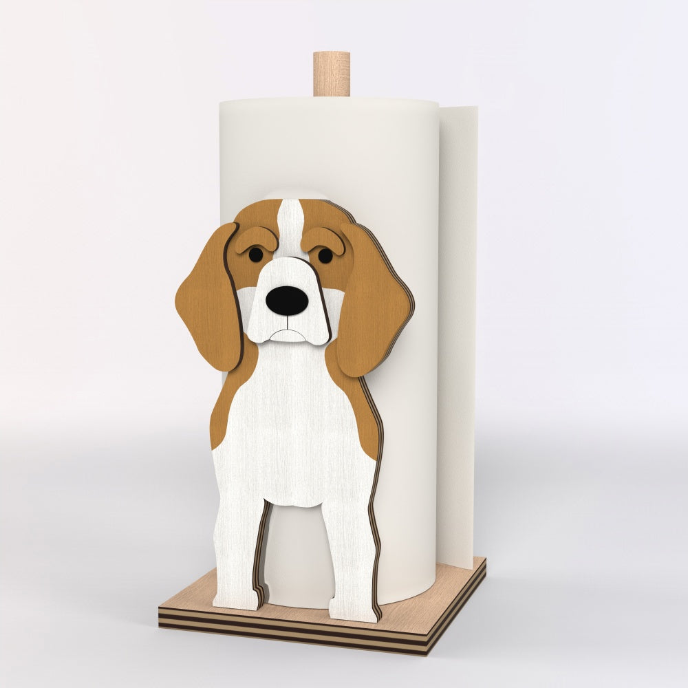 Beagle Wooden Dog Paper Towel Holder displayed on a kitchen countertop with a freestanding paper towel roll