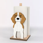 Beagle Wooden Dog Paper Towel Holder displayed on a kitchen countertop with a freestanding paper towel roll