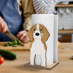 Beagle Wooden Dog Paper Towel Holder displayed on a kitchen countertop with a freestanding paper towel roll