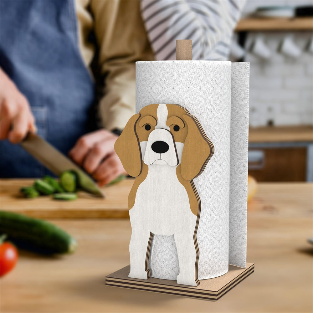 Beagle Wooden Dog Paper Towel Holder displayed on a kitchen countertop with a freestanding paper towel roll