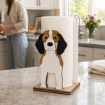 Beagle Wooden Dog Paper Towel Holder displayed on a kitchen countertop with a freestanding paper towel roll