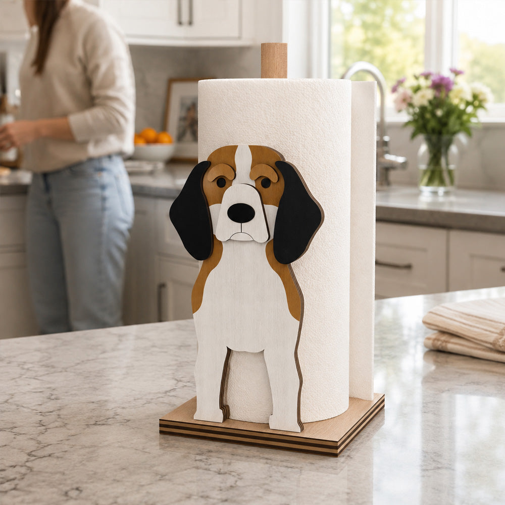 Beagle Wooden Dog Paper Towel Holder displayed on a kitchen countertop with a freestanding paper towel roll