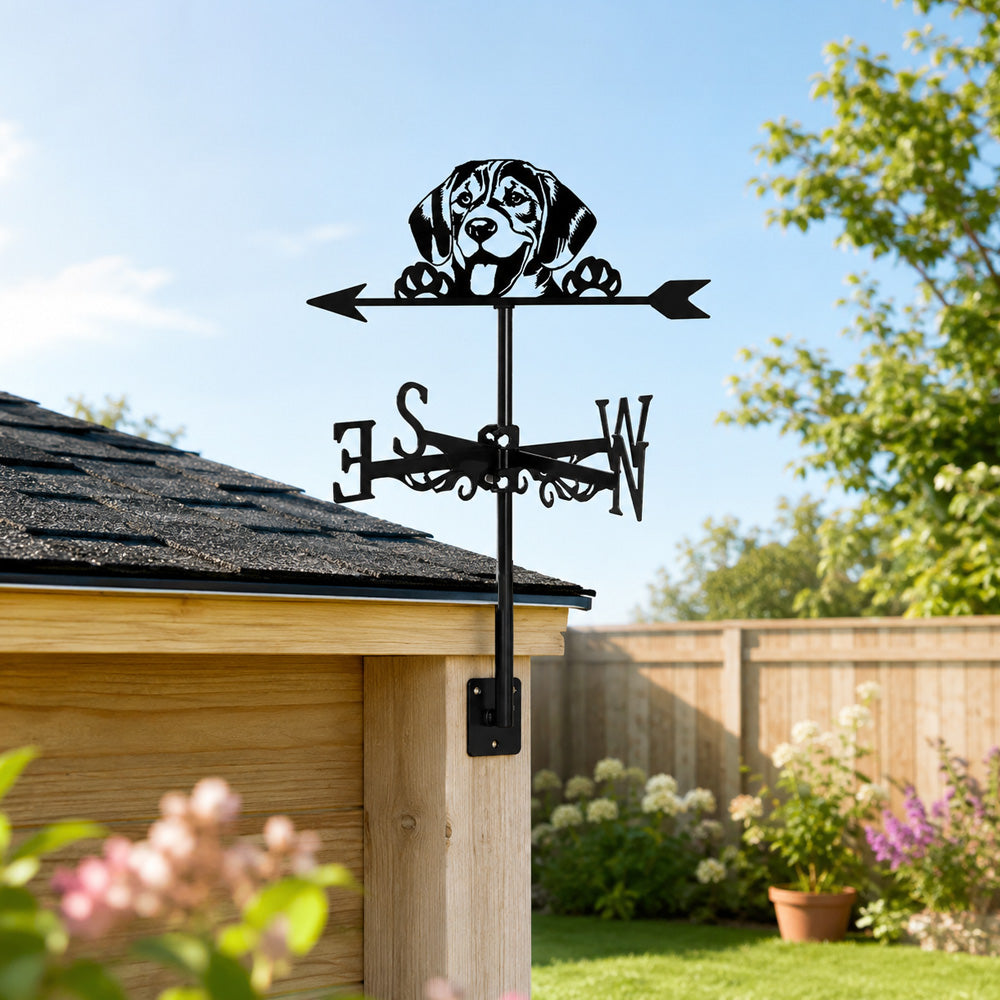 Beagle metal weather vane with directional arrows and mounting rod, outdoor roof and garden decoration