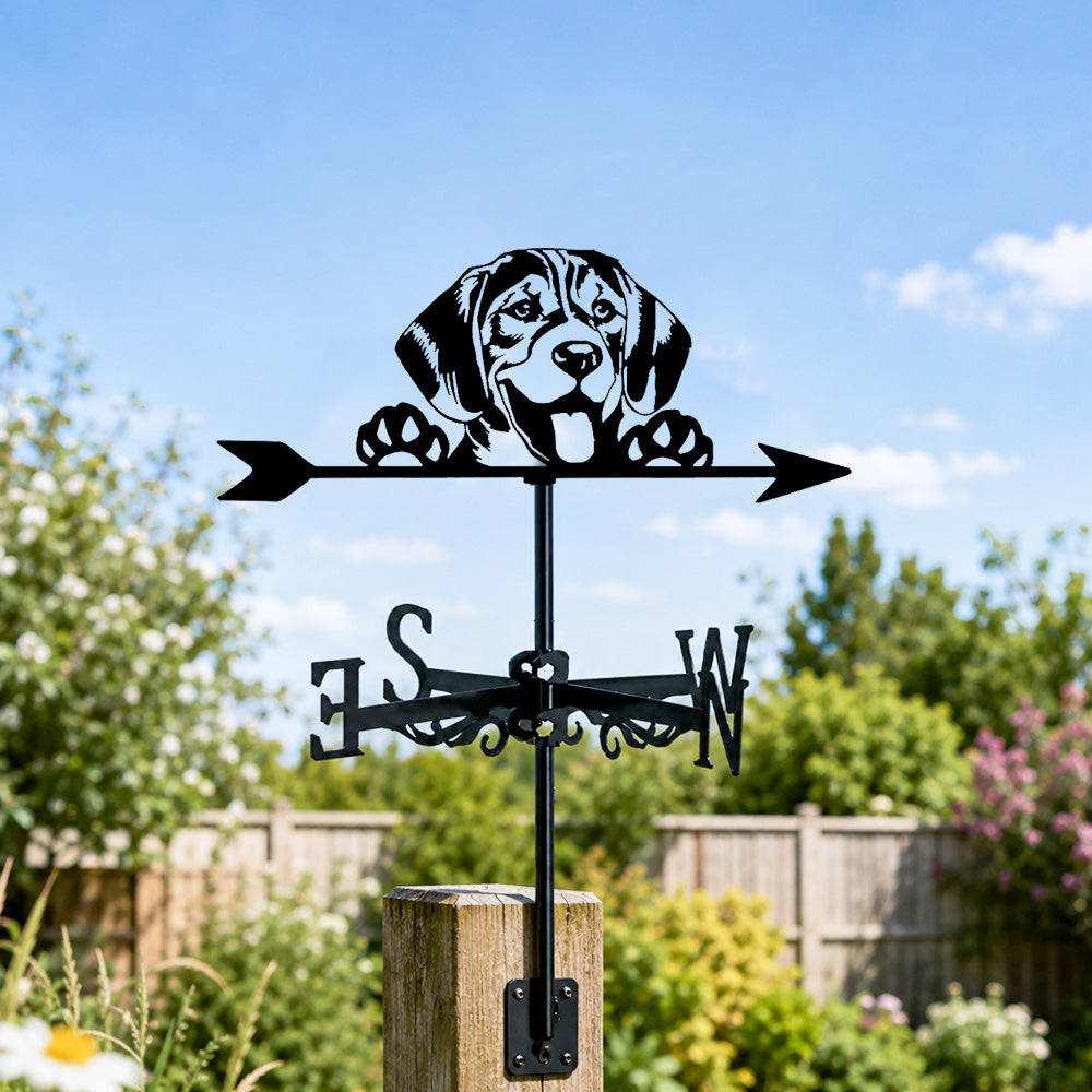 Beagle metal weather vane with directional arrows and mounting rod, outdoor roof and garden decoration