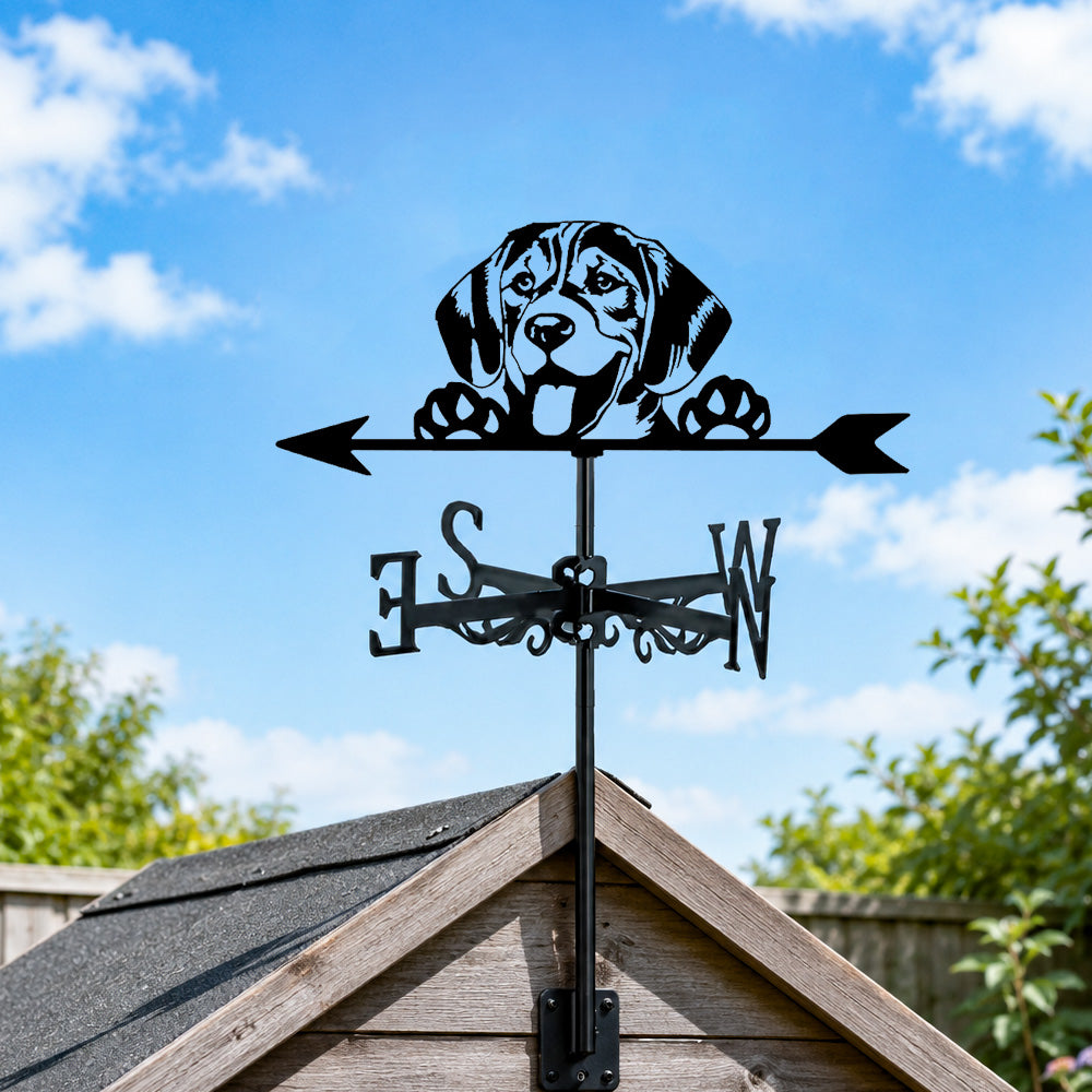 Beagle metal weather vane with directional arrows and mounting rod, outdoor roof and garden decoration