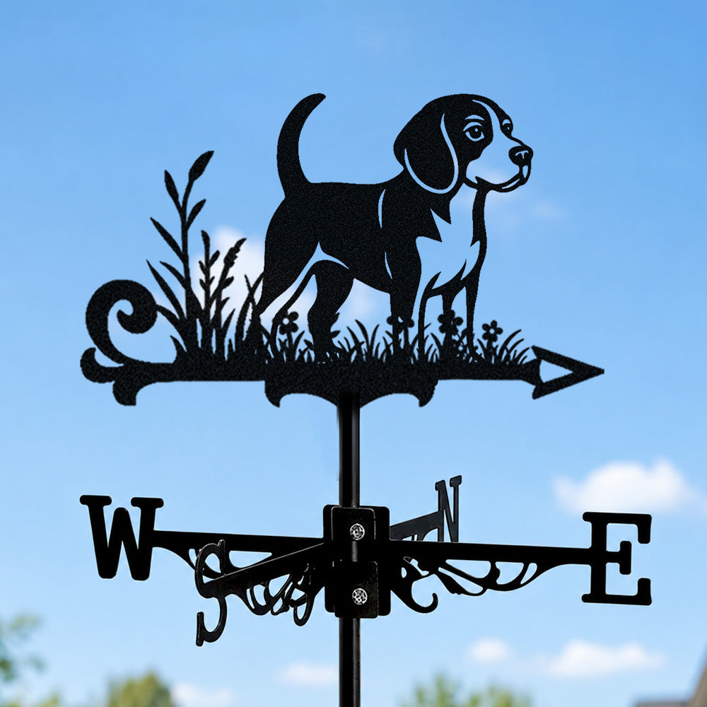 Beagle metal weather vane with directional arrows and mounting rod, outdoor roof and garden decoration