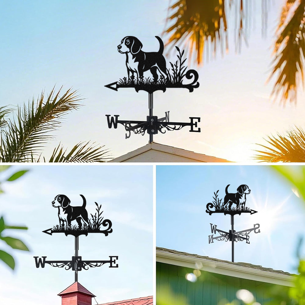 Beagle metal weather vane with directional arrows and mounting rod, outdoor roof and garden decoration