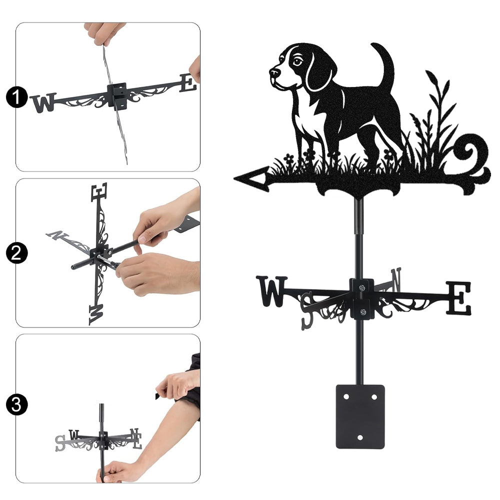 Beagle metal weather vane with directional arrows and mounting rod, outdoor roof and garden decoration