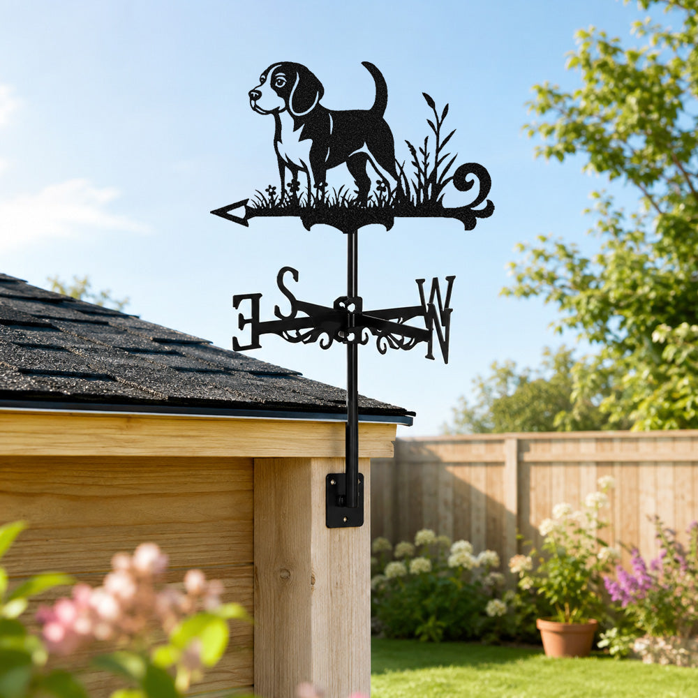 Beagle metal weather vane with directional arrows and mounting rod, outdoor roof and garden decoration