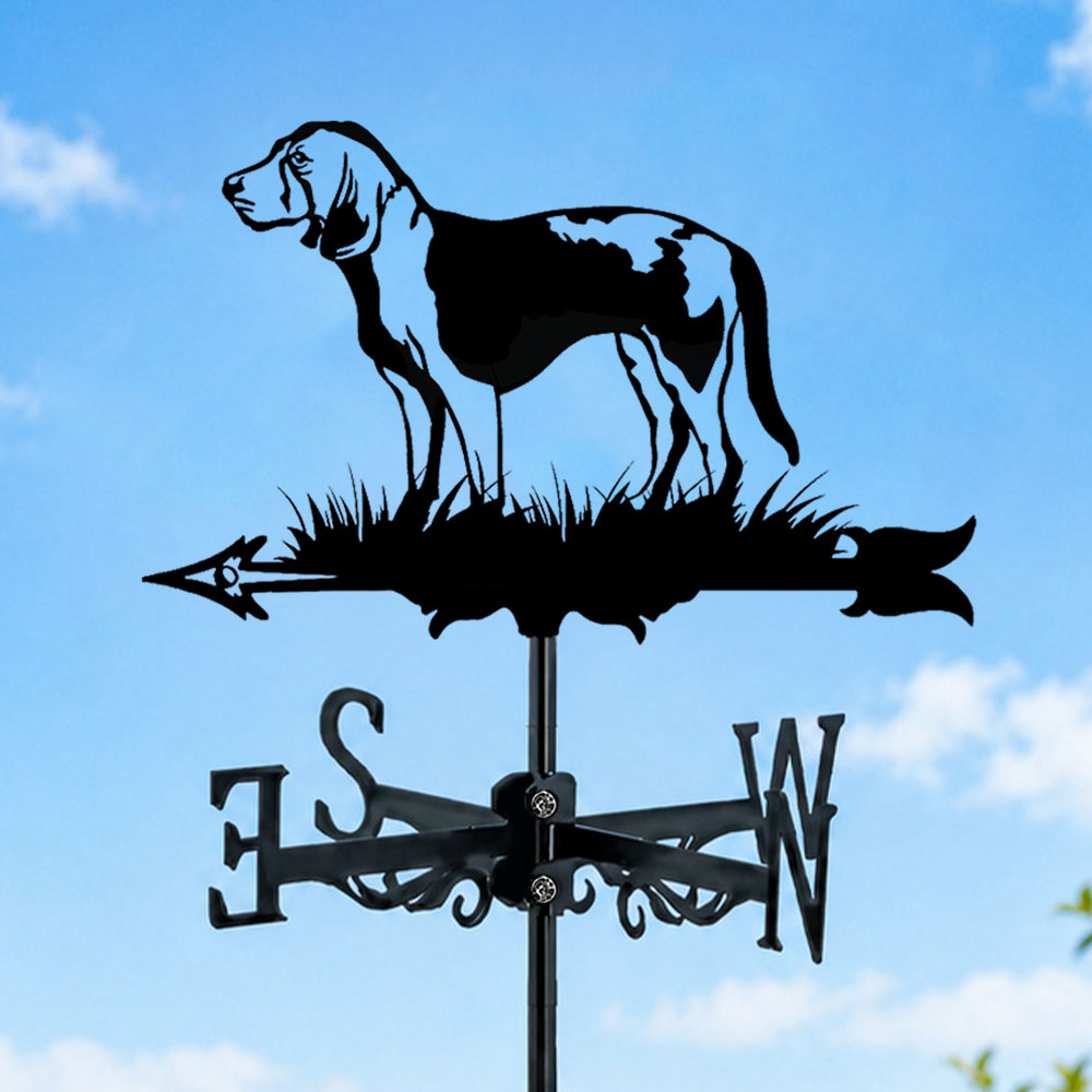 Beagle metal weather vane with directional arrows and mounting rod, outdoor roof and garden decoration