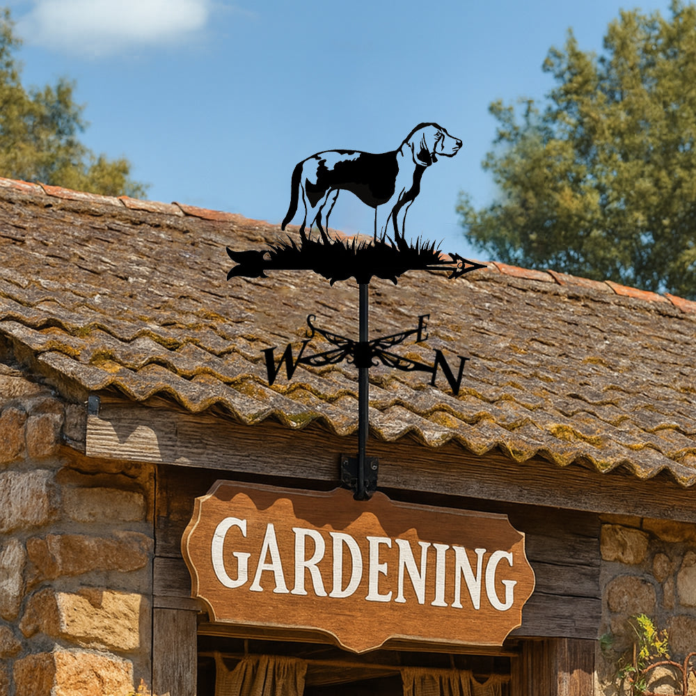Beagle metal weather vane with directional arrows and mounting rod, outdoor roof and garden decoration