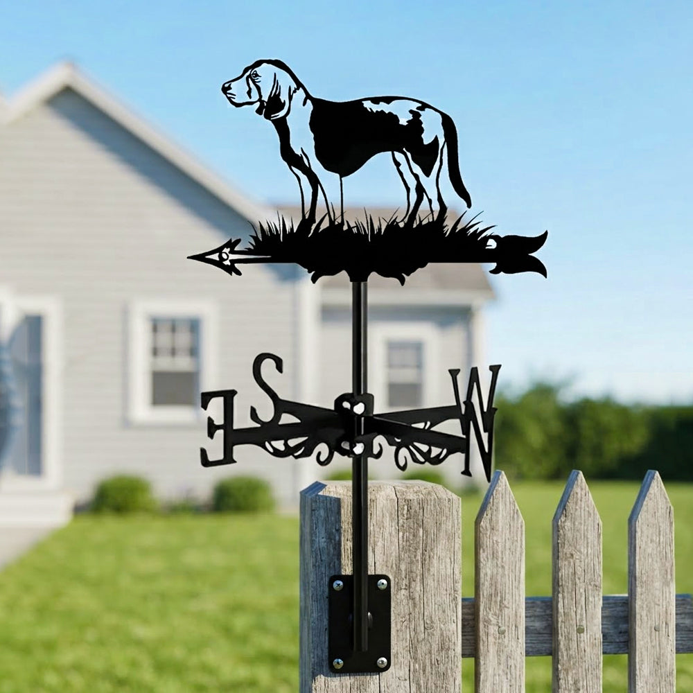 Beagle metal weather vane with directional arrows and mounting rod, outdoor roof and garden decoration
