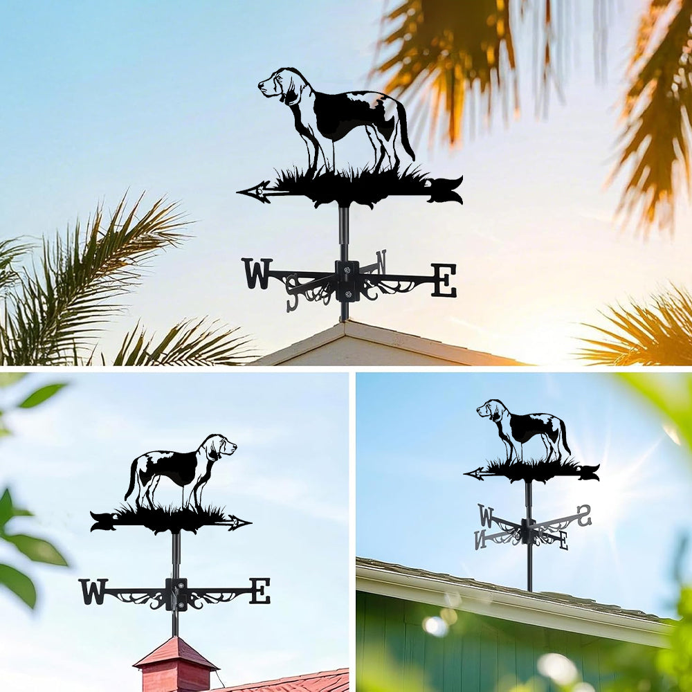 Beagle metal weather vane with directional arrows and mounting rod, outdoor roof and garden decoration