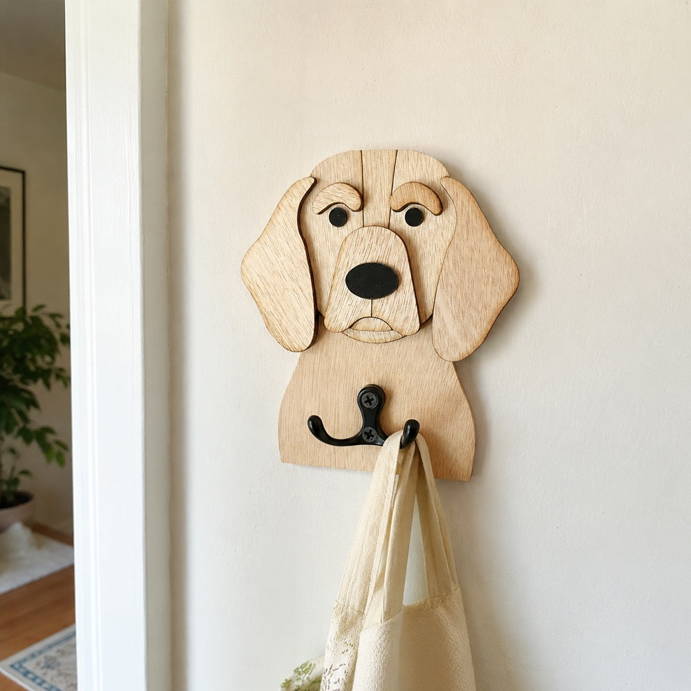 Wooden Beagle dog wall hook key and leash holder for home entryway organizer