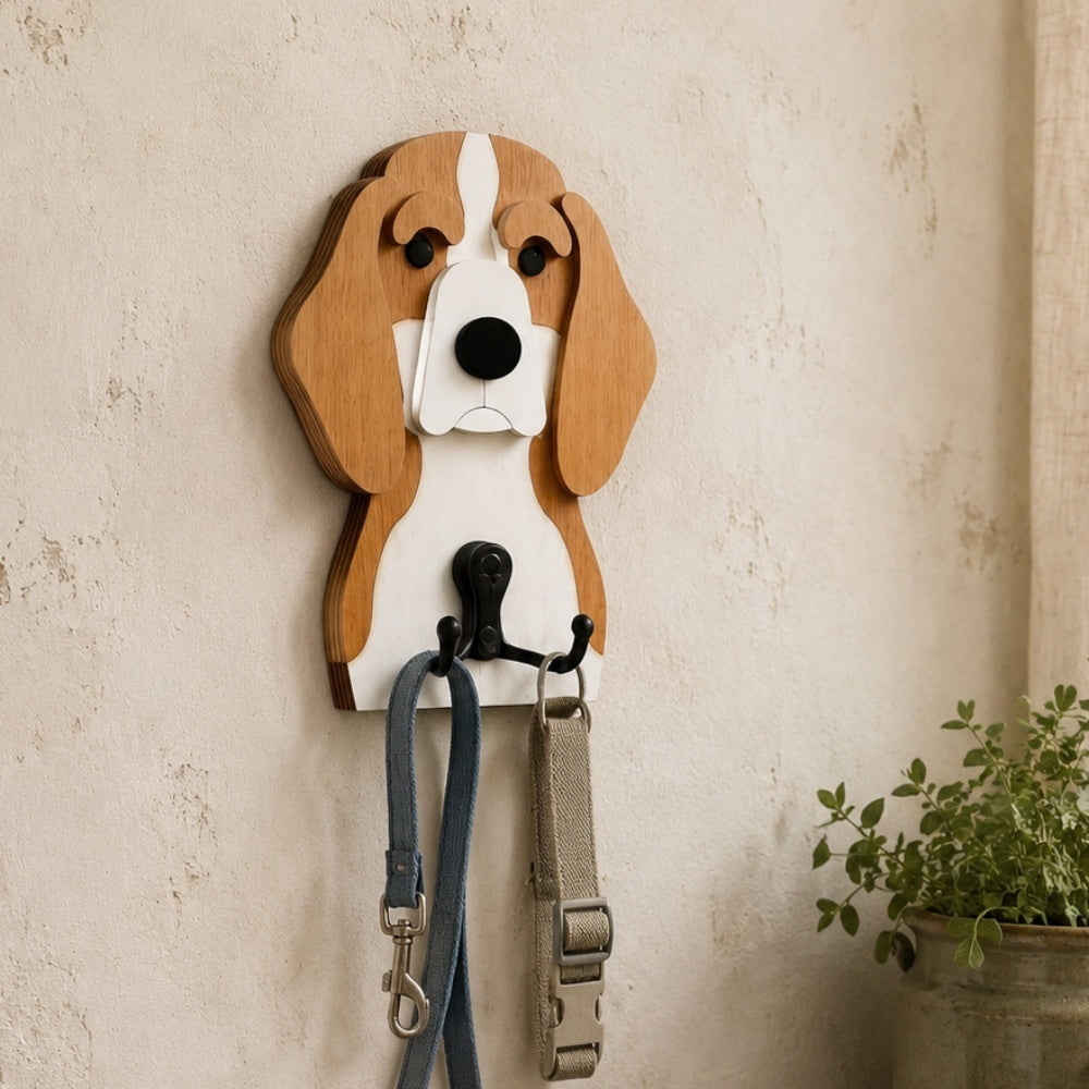 Wooden Beagle dog wall hook key and leash holder for home entryway organizer