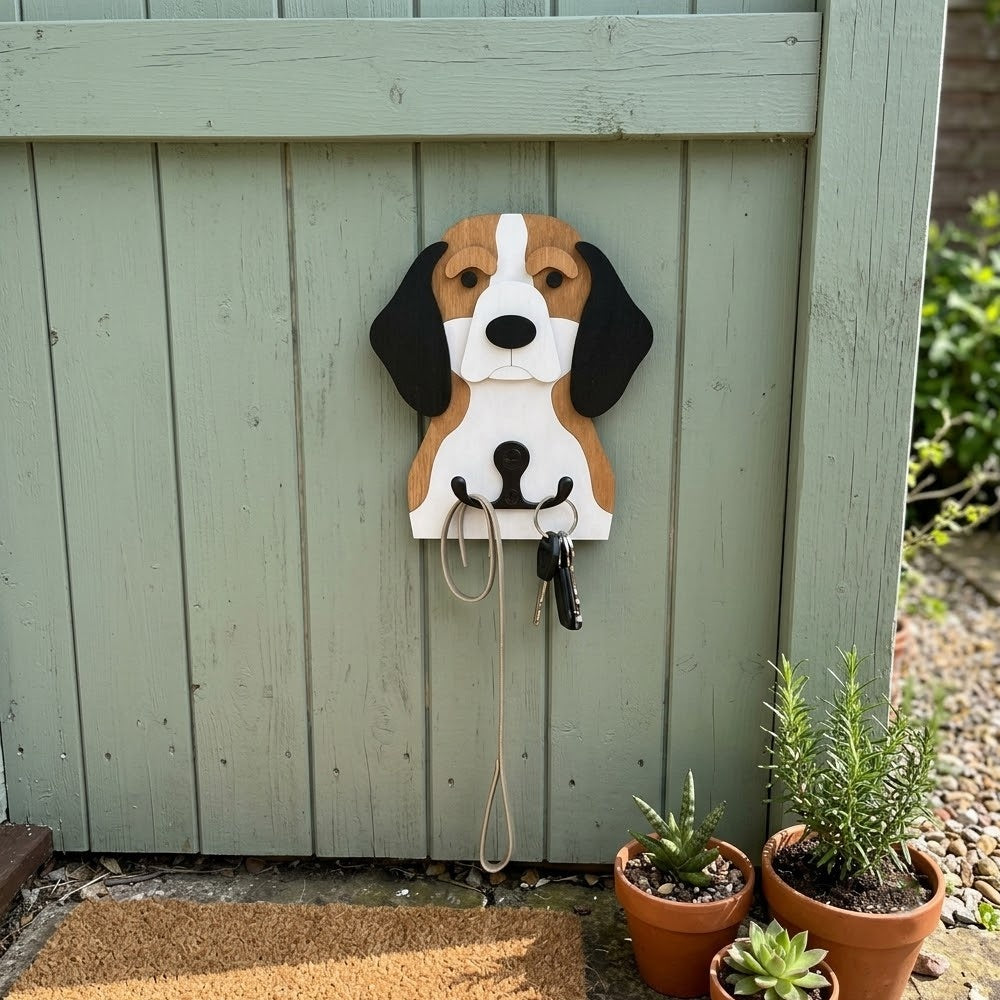 Wooden Beagle dog wall hook key and leash holder for home entryway organizer