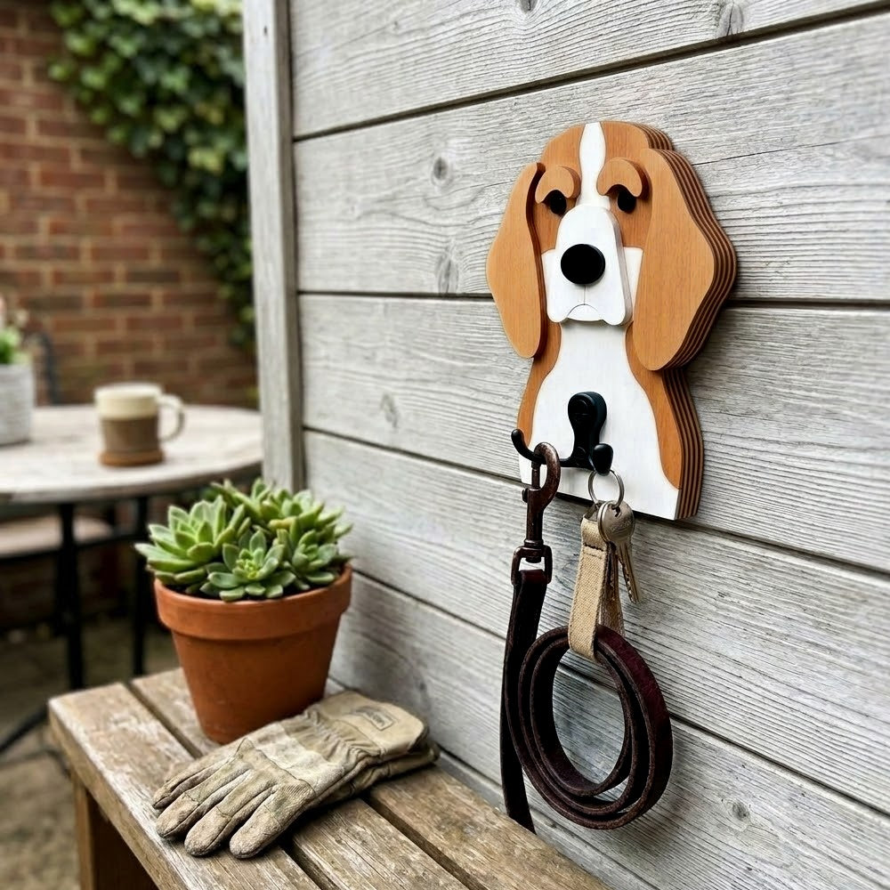 Wooden Beagle dog wall hook key and leash holder for home entryway organizer